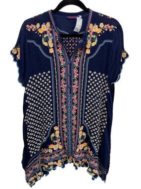 JOHNNY WAS Moji Blue Floral Embroidered Top Sz. L